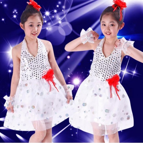 Children Dress Party DAnce Clothes Girls Clothing Infant Modern Jazz Dance Performance Costumes Sequined Veil Choral Costumes